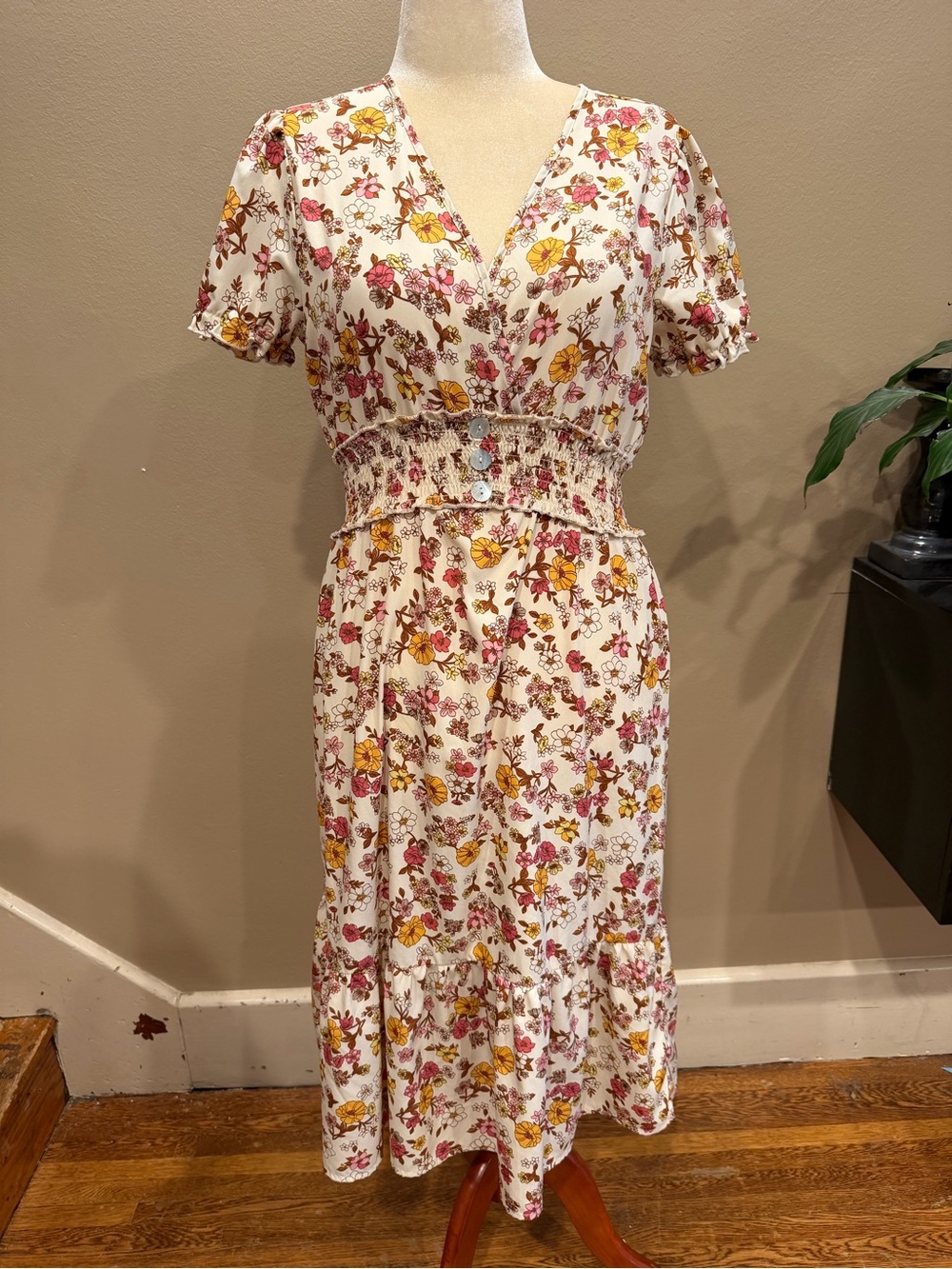Boho Cottagecore Ditsy Floral Prairie Midi Dress Ruffled Smocked Waist Size M